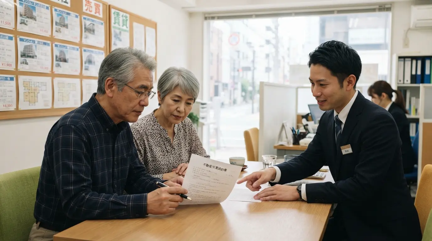 不動産会社の店舗で媒介契約書をサイン前に確認する60代の夫婦と担当者