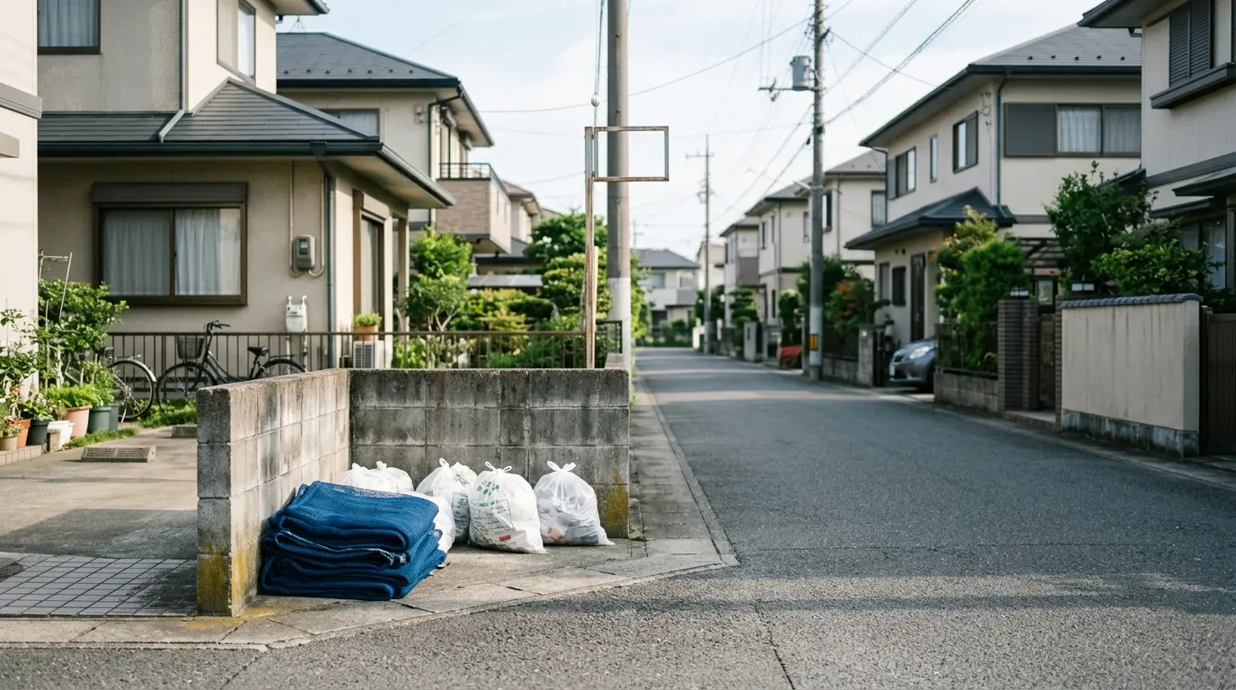 住宅街のゴミ集積所と畳まれたネット
