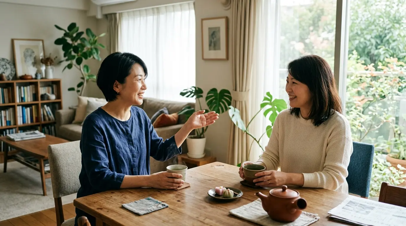 自宅で知人と家の話をする売主