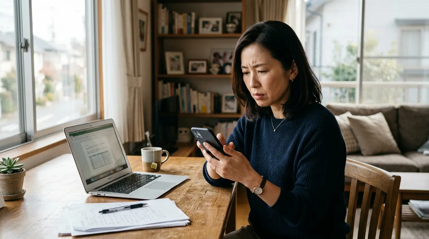 テーブルに並べて置かれたスマートフォンとノートパソコン