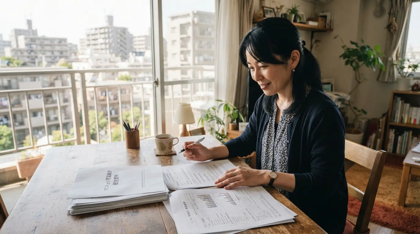 マンションの売却準備として自宅で管理組合の総会資料を確認する売主