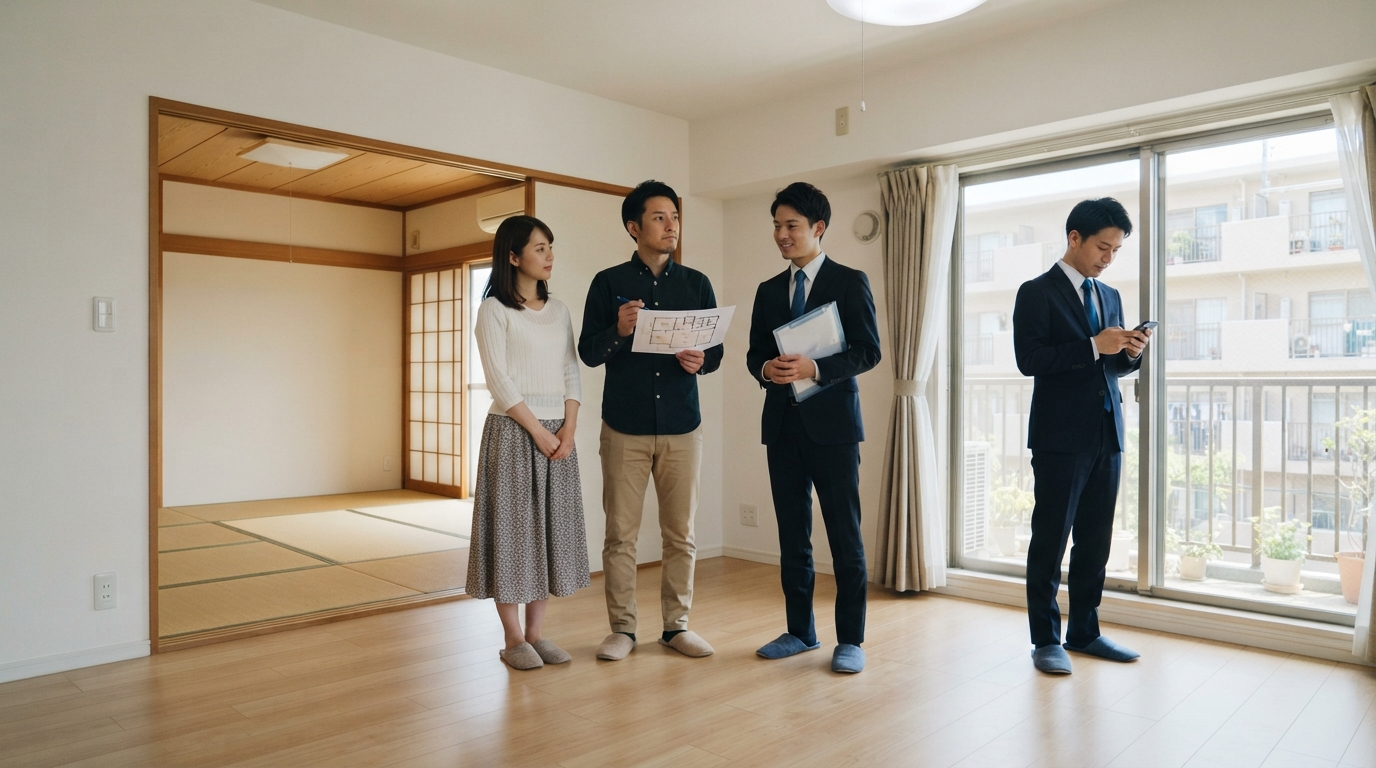 3LDKのリビングで販売図面を手に内覧する買主夫婦と資料を持つ担当者、離れてスマホを見る売主側の担当者