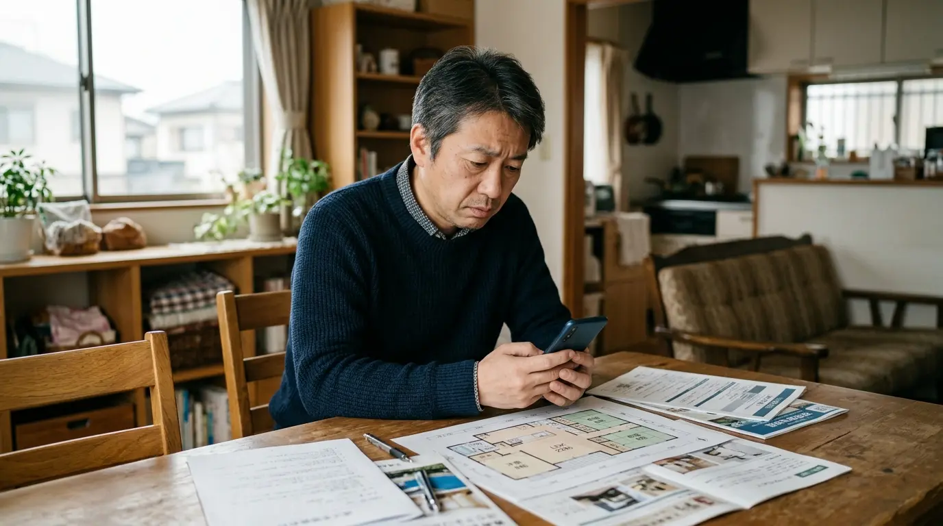 スマートフォンを見ながら考え込む男性。テーブルには物件の間取り図と書類