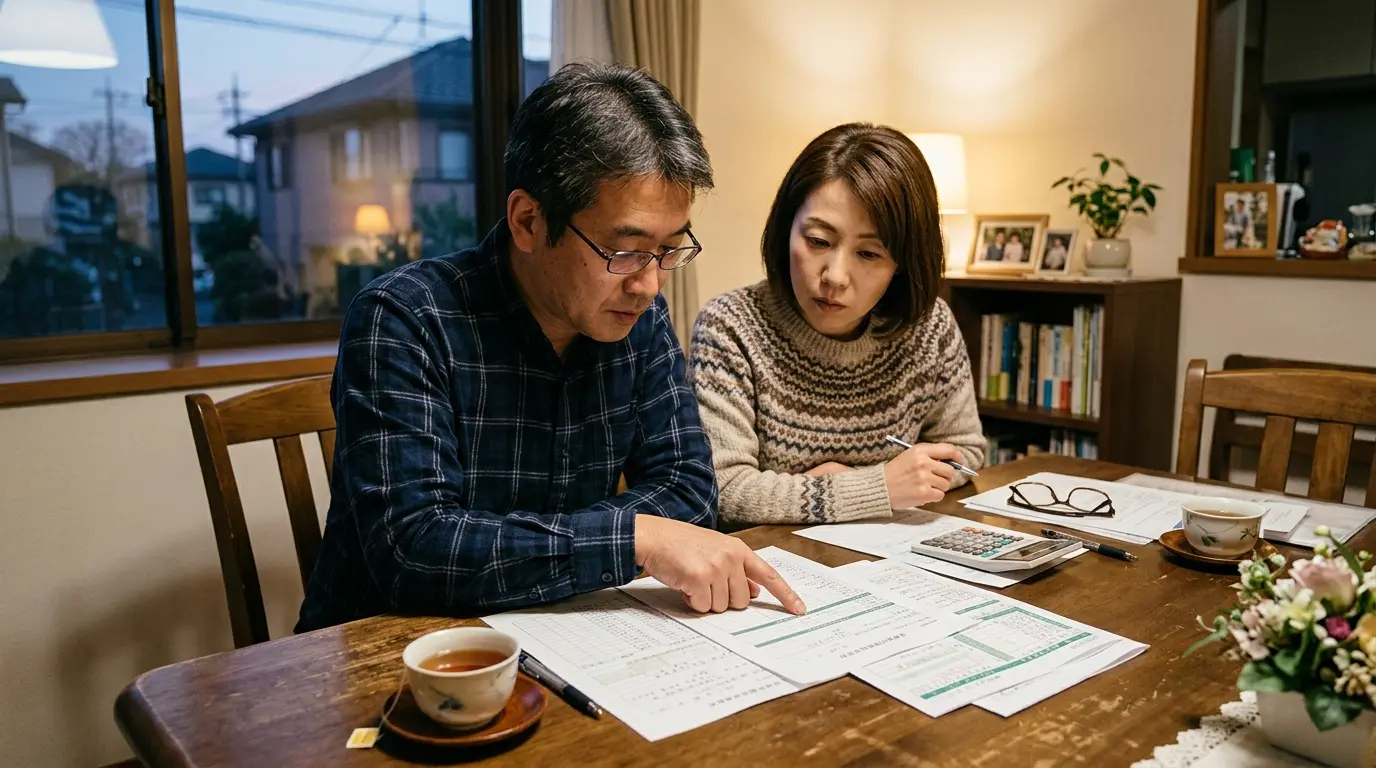 契約書類を夫婦で確認する売主
