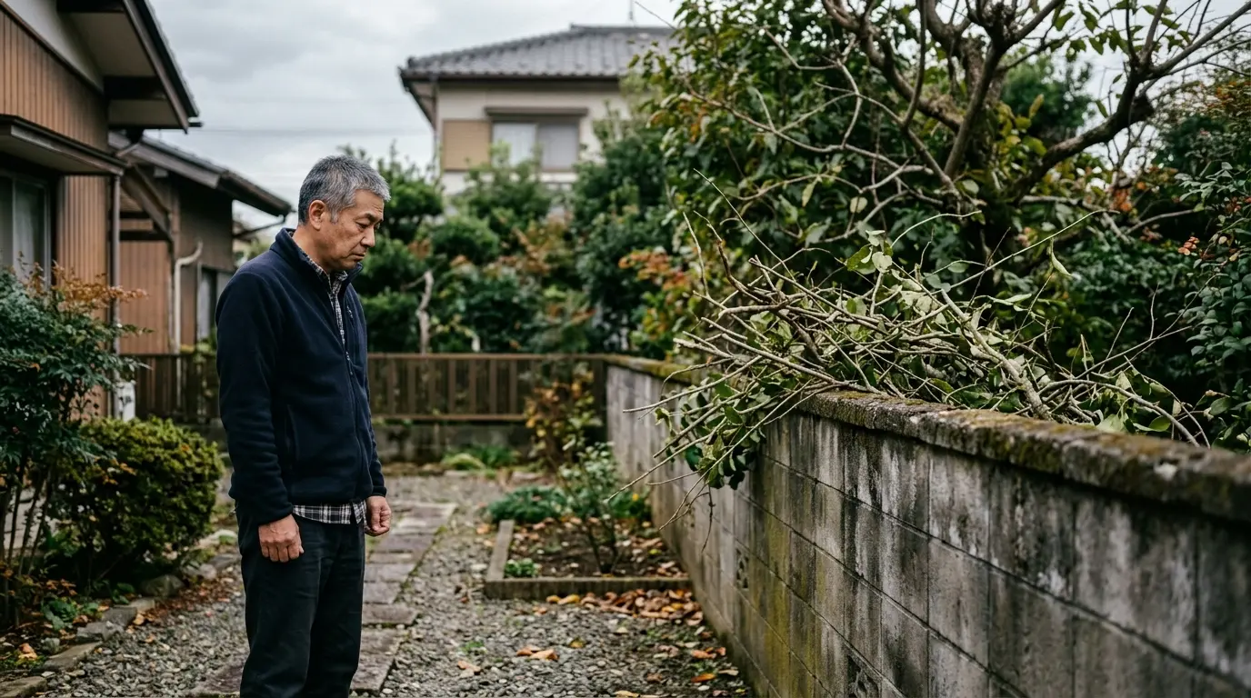 隣地との境界にあるブロック塀と、越境した樹木の枝を見上げる住宅所有者