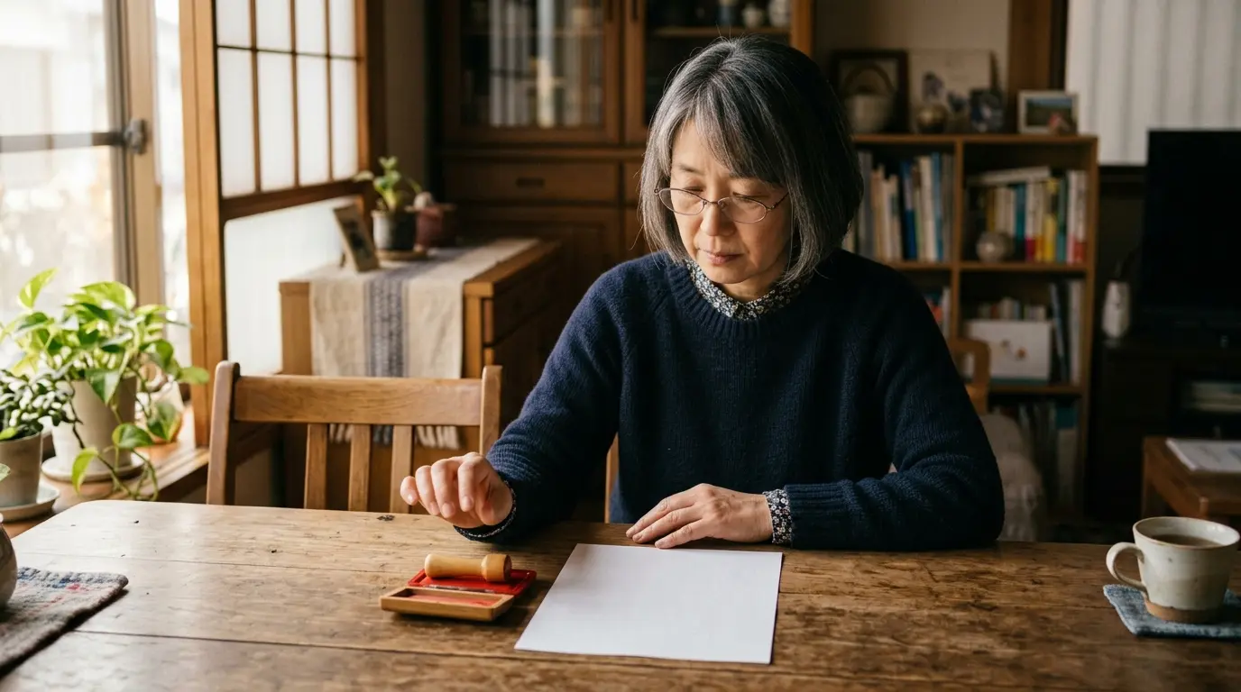 境界確認書と印鑑を前に、押印するかどうか迷う住宅所有者