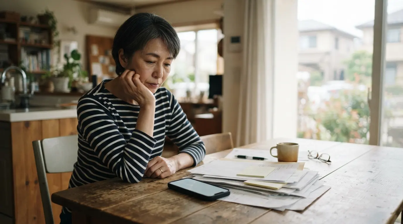 連絡のない携帯電話と売却の書類を前にする人