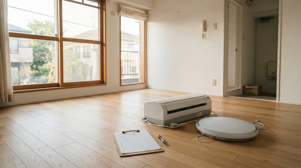 引越し後の空いた部屋の床に、取り外したエアコンと照明器具、付帯設備表を挟んだクリップボードが置かれている