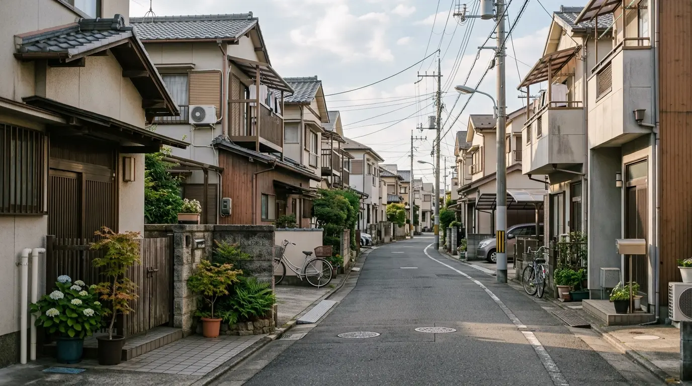 住宅の前面にある細い私道と、その先に続く住宅地の風景