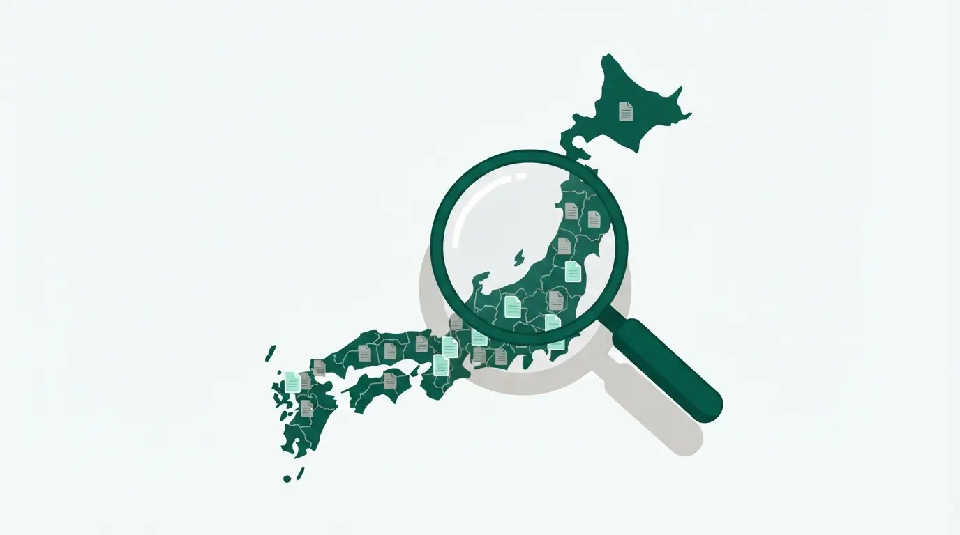 日本地図の上に虫眼鏡が重なり、都道府県ごとに散らばった書類のアイコンを照らしているイラスト。公表情報が各県に分散している状態を表している