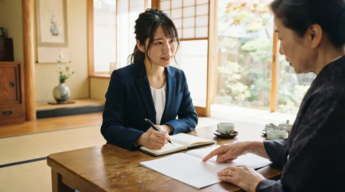 自宅のテーブルで、売主の話を聞きながらメモを取る不動産会社の担当者